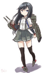 Rule 34 | 1girl, adapted turret, arm warmers, asashio (kancolle), black hair, black thighhighs, blue eyes, cannon, collared shirt, dress shirt, fuji (pixiv24804665), full body, grey skirt, highres, kantai collection, long hair, looking at viewer, machinery, pleated skirt, shirt, short sleeves, simple background, skirt, solo, suspender skirt, suspenders, thighhighs, turret, white background, white shirt