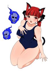Rule 34 | 1girl, animal ears, bad id, bad pixiv id, barefoot, blush, braid, breasts, cat ears, cat girl, cat tail, extra ears, fang, female focus, ghost, highres, kaenbyou rin, kneeling, kyokutou hentai samurai, large breasts, one-piece swimsuit, plump, pointy ears, red eyes, red hair, school swimsuit, skull, solo, swimsuit, tail, touhou