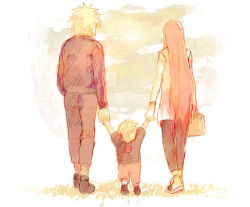 Rule 34 | 1girl, 2boys, age difference, artist request, bag, blonde hair, child, family, father and son, from behind, holding hands, long hair, mother and son, multiple boys, namikaze minato, naruto (series), naruto shippuuden, red hair, sandals, shoes, standing, uzumaki kushina, uzumaki naruto, very long hair, walking