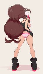 Rule 34 | 1girl, absurdres, ass, baseball cap, big hair, bikini, black footwear, black socks, blue eyes, boots, breasts, brown hair, butt crack, commentary, creatures (company), from behind, full body, game freak, grey background, hand in pocket, hand up, hat, highres, hilda (pokemon), kneepits, large breasts, legs apart, long hair, looking at viewer, looking back, nac000, nape, nintendo, pink bikini, pokemon, pokemon bw, profile, romaji commentary, simple background, socks, solo, standing, swimsuit, thighs, underboob, very long hair