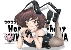 Rule 34 | 1girl, 2022, :3, absurdres, akiyama yukari, animal ears, ass, text background, bespectacled, black leotard, bow, bowtie, breasts, brown eyes, brown hair, commentary request, detached collar, fishnet pantyhose, fishnets, full body, girls und panzer, glasses, happy birthday, highres, leotard, lips, lipstick, lying, makeup, messy hair, on stomach, pantyhose, playboy bunny, rabbit, rabbit ears, rabbit tail, shiina excel, short hair, simple background, small breasts, smile, strapless, strapless leotard, tail, the pose, white background, wrist cuffs