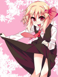 Rule 34 | 1girl, black skirt, blonde hair, clothes lift, collared shirt, fangs, hair ribbon, leaning forward, lifting own clothes, long sleeves, looking at viewer, necktie, open mouth, red eyes, red necktie, red ribbon, ribbon, rumia, shamo (koumakantv), shirt, skirt, skirt lift, smile, solo, standing, touhou, vest, wing collar
