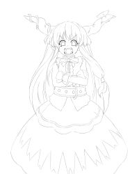 Rule 34 | 1girl, crossed arms, fangs, female focus, greyscale, horns, ibuki suika, laughing, lineart, monochrome, open mouth, shiba itsuki, simple background, smile, solo, touhou, white background
