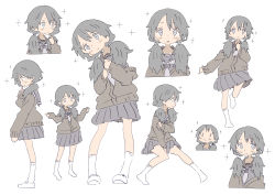 Rule 34 | 1girl, absurdres, black hair, character sheet, expressionless, female focus, highres, low twintails, masikakuma, original, school uniform, simple background, skirt, sleeves past wrists, solo, sweater, twintails, white background