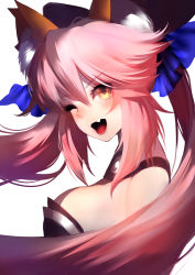 Rule 34 | 1girl, ;d, breasts, fate/grand order, fate (series), floating hair, food, from side, hair ornament, highres, long hair, medium breasts, one eye closed, open mouth, pink hair, ponytail, rahato, sideboob, simple background, smile, solo, tamamo (fate), tamamo no mae (fate/extra), upper body, very long hair, white background, yellow eyes