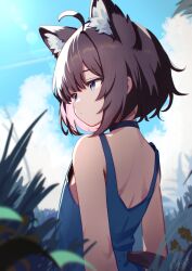 Rule 34 | 1girl, absurdres, ahoge, alternate costume, animal ear fluff, animal ears, arknights, back, black choker, blue eyes, blue sky, blue tank top, blurry, blurry foreground, brown hair, choker, cloud, commentary, delfino, extra ears, fox ears, fox girl, fox tail, grass, highres, light frown, looking to the side, outdoors, plant, short hair, sky, solo, sussurro (arknights), tail, tank top, upper body
