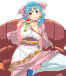 Rule 34 | 1girl, bad id, bad pixiv id, blue eyes, blue hair, bow, breasts, cleavage, dragon quest, dragon quest v, earrings, flora (dq5), half updo, jewelry, kouno (masao), large breasts, matching hair/eyes, pink bow, sitting, solo, thighhighs