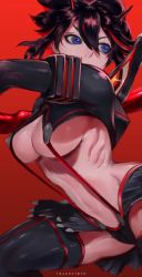 Rule 34 | 1girl, black hair, blue eyes, breasts, cleavage, female focus, highres, ibuo (ibukht1015), kill la kill, large breasts, matoi ryuuko, red background, red hair, revealing clothes, ribs, sideboob, skirt, solo, sword, thighhighs, tomboy, underboob, weapon