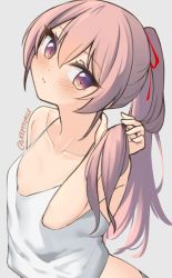 Rule 34 | 1girl, bare shoulders, blush, camisole, collarbone, grey background, hair ribbon, hand in own hair, long hair, looking at viewer, original, parted lips, pink hair, ponytail, purple eyes, red ribbon, ribbon, simple background, skeptycally, smile, solo, twitter username, upper body