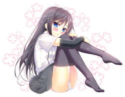 Rule 34 | 10s, 1girl, arm warmers, asashio (kancolle), ass, black hair, black thighhighs, blue eyes, blush, eyebrows, hugging own legs, kantai collection, legs up, long hair, looking at viewer, looking to the side, open mouth, panties, pantyshot, pikazo, pleated skirt, school uniform, shirt, short sleeves, sitting, skirt, solo, suspenders, thighhighs, underwear, white panties, white shirt
