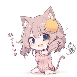 Rule 34 | 1girl, :d, animal ears, bare shoulders, barefoot, beni shake, blue eyes, blush, breasts, brown hair, brown sweater, cat ears, cat girl, cat tail, chibi, cleavage, collarbone, commentary request, fang, full body, hair between eyes, hair ornament, kemonomimi mode, long hair, off-shoulder sweater, off shoulder, open mouth, original, ribbed sweater, senpai-chan (beni shake), signature, sitting, smile, solo, sweater, tail, tail raised, translation request, very long hair, wariza, white background
