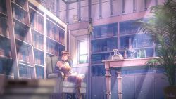 Rule 34 | 1girl, alchemist (ragnarok online), armchair, blue sleeves, blush, book, bookshelf, boots, breasts, brown dress, brown hair, brown thighhighs, chair, cleavage, closed mouth, collar, commentary request, cross-laced footwear, day, detached collar, detached sleeves, dress, frilled collar, frills, full body, goggles, goggles on head, highres, indoors, ladder, large breasts, library, long hair, looking at viewer, plant, potion, potted plant, ragnarok masters, ragnarok online, reihou19, short dress, sitting, smile, solo, strapless, strapless dress, table, thighhighs