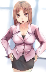 Rule 34 | 1girl, angry, breasts, brown eyes, brown hair, cleavage, formal, hakka0320, hands on own hips, large breasts, miniskirt, open mouth, pencil skirt, short hair, skirt, skirt suit, solo, suit, swot, teacher, umekawa
