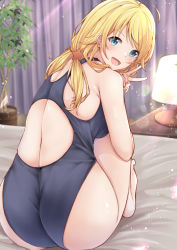 Rule 34 | 1girl, aga marino, ahoge, ass, bed, black one-piece swimsuit, blonde hair, blue eyes, commentary request, competition swimsuit, curtains, from behind, hachimiya meguru, idolmaster, idolmaster shiny colors, lamp, looking at viewer, looking back, low twintails, one-piece swimsuit, open mouth, plant, potted plant, sitting, smile, solo, swimsuit, twintails, v