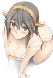 Rule 34 | 1girl, arm support, bikini, black hair, blush, breasts, brown eyes, cleavage, collarbone, covering privates, covering breasts, hair ornament, hairclip, haruna (kancolle), headgear, highres, kantai collection, kneeling, large breasts, long hair, looking at viewer, simple background, solo, swimsuit, white background, white bikini, zekkyon