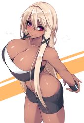 Rule 34 | 1girl, absurdres, arched back, arms behind back, bare shoulders, blonde hair, breasts, cleavage, collarbone, commentary, dark-skinned female, dark skin, english commentary, hair between eyes, hair ornament, highres, huge breasts, interlocked fingers, long hair, looking at viewer, original, red eyes, simple background, smile, solo, standing, stretching, sub-res, torako (sub-res), very long hair, x hair ornament