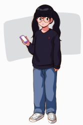 Rule 34 | 1girl, aragon honnin, bad id, bad tumblr id, black hair, blue pants, cellphone, full body, glasses, holding, holding phone, long hair, long sleeves, looking at viewer, original, pants, phone, shoes, smartphone, solo, standing, twintails