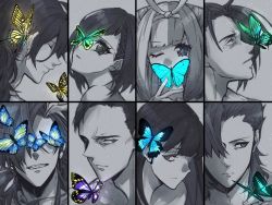 Rule 34 | 3girls, 5boys, aqua butterfly, bare shoulders, blue butterfly, blunt bangs, bug, butterfly, butterfly on ear, butterfly on face, butterfly on hand, butterfly on mouth, butterfly on nose, butterfly on shoulder, butterfly over eye, closed eyes, closed mouth, column lineup, fate/grand order, fate (series), green butterfly, grey background, greyscale, grin, hair ornament, hair over one eye, hairband, hairclip, hand up, insect, izumo no okuni (fate), light particles, long hair, looking at viewer, low ponytail, masaki (star8moon), medium hair, monochrome, mori nagayoshi (fate), multicolored hair, multiple boys, multiple girls, mysterious ranmaru x (fate), one eye closed, oryou (fate), parted lips, portrait, profile, purple butterfly, sakamoto ryouma (fate), short hair, sideways glance, smile, split-color hair, spot color, streaked hair, takasugi shinsaku (fate), takechi zuizan (fate), tanaka shinbei (fate), yellow butterfly