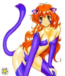 Rule 34 | 1girl, animal ears, cat ears, cat tail, fur, gloves, long hair, nina (words worth), orange hair, red hair, simple background, solo, tagme, tail, words worth, yellow eyes
