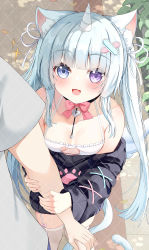 Rule 34 | 1boy, 1girl, :d, absurdres, animal ear fluff, animal ears, arlene (ju), bare shoulders, black sweater, blue eyes, blush, bow, breasts, cat ears, cat girl, cat lingerie, cat tail, collarbone, commentary request, day, frills, grey hair, grey shirt, hair ornament, hair ribbon, hairclip, heterochromia, highres, horns, indie virtual youtuber, long hair, looking at viewer, meme attire, ninico (vtuber), off-shoulder sweater, off shoulder, open mouth, out of frame, outdoors, pink bow, purple eyes, ribbon, shirt, short sleeves, single horn, small breasts, smile, solo focus, sparkle, sweater, tail, thighhighs, twintails, very long hair, virtual youtuber, white ribbon, white thighhighs, x hair ornament