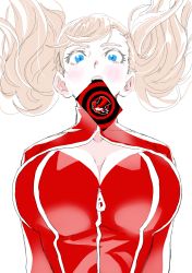 Rule 34 | 1girl, absurdres, blonde hair, blue eyes, blush, bodysuit, breasts, card, card in mouth, center opening, cleavage, cleavage cutout, clothing cutout, commentary, eyelashes, floating hair, from below, highres, kazu 884, large breasts, long hair, looking at viewer, mouth hold, open mouth, persona, persona 5, red bodysuit, simple background, solo, takamaki anne, twintails, upper body, white background, zipper