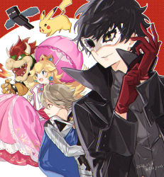 Rule 34 | 1girl, 3boys, adjusting clothes, adjusting gloves, amaichi esora, black eyes, black hair, black jacket, blonde hair, blush, bowser, breath weapon, breathing fire, corrin (fire emblem), corrin (male) (fire emblem), creatures (company), crown, dated, dress, earrings, enderman, fire, fire emblem, fire emblem fates, game freak, gen 1 pokemon, gloves, grey hair, highres, horns, jacket, jewelry, long hair, mario (series), mask, minecraft, multiple boys, nintendo, open mouth, parasol, persona, persona 5, pikachu, pink dress, pointy ears, pokemon, pokemon (creature), princess peach, red eyes, red gloves, simple background, super smash bros., twitter username, two-tone background, umbrella, wings