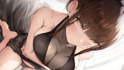 Rule 34 | 1girl, bare shoulders, barefoot, bed, blunt bangs, blush, breasts, brown hair, cleavage, closed mouth, crossed arms, dress, embarrassed, eyebrows hidden by hair, feet, female focus, from above, game cg, groin, highres, indoors, large breasts, legs, looking at viewer, original, panties, short hair, sidelocks, sitting, solo, thighs, underwear, waymay, yellow eyes