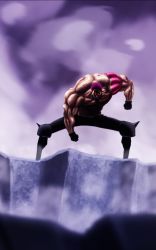 Rule 34 | 1boy, abs, attack, belt, charlotte katakuri, fangs, fighting stance, giant, gloves, glowing, glowing eyes, highres, looking at viewer, male focus, midriff, mirror world, muscular, muscular arms, muscular back, muscular male, muscular uke, navel, one piece, pants, pectorals, red eyes, red hair, sharp teeth, solo, tattoo, teeth, threatening