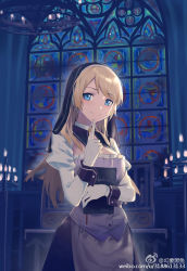 Rule 34 | 1girl, blonde hair, blue eyes, breasts, bustier, chandelier, closed mouth, detached collar, dress, finger to mouth, gloves, habit, huanxiang heitu, indoors, medium breasts, hugging object, original, puffy sleeves, smile, solo, stained glass, swept bangs, white gloves, wrist cuffs