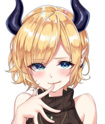 Rule 34 | 1girl, absurdres, aqua eyes, bare shoulders, black horns, blonde hair, blush, closed mouth, demon girl, demon horns, earrings, eyelashes, hair over one eye, hand up, highres, hololive, horns, jewelry, licking lips, looking at viewer, necklace, neg carrot, official alternate costume, parted bangs, pointy ears, portrait, ribbed shirt, shirt, short hair, simple background, solo, swept bangs, tongue, tongue out, turtleneck, virtual youtuber, white background, yuzuki choco, yuzuki choco (streetwear)