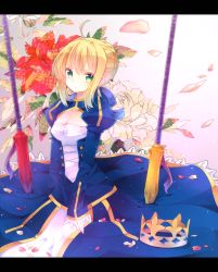 Rule 34 | 1girl, ahoge, ajuvyrvosjfj, artoria pendragon (all), artoria pendragon (fate), bad id, bad pixiv id, blonde hair, breasts, cleavage cutout, clothing cutout, crown, dress, fate/zero, fate (series), female focus, flower, gae buidhe (fate), gae dearg (fate), gradient background, green eyes, hair ribbon, long sleeves, nature, petals, plant, polearm, puffy sleeves, ribbon, saber (fate), sitting, solo, spear, weapon, white background
