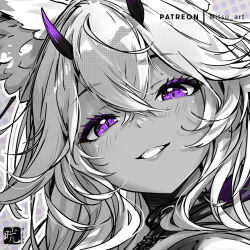 Rule 34 | 1girl, animal ear fluff, animal ears, close-up, crossed bangs, double-parted bangs, eyelashes, hair between eyes, horns, mitsu (mitsu art), monochrome, original, paid reward available, purple eyes, purple horns, smile, solo, spot color