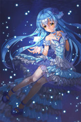 Rule 34 | 1girl, bare shoulders, blue footwear, blue hair, child, closed mouth, collarbone, commentary request, criss-cross halter, dress, fish, flower, full body, glowing, hair between eyes, hair flower, hair ornament, halterneck, light particles, long hair, mary janes, nakanobe mari, official art, shio kouji (shiokojii), shizuku no oto, shoes, smile, thighhighs, underwater, very long hair, white thighhighs, wrist cuffs, yellow eyes