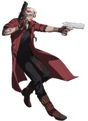 1boy bandaged_arm bandages black_gloves black_pants black_shirt blood blood_in_hair blood_on_clothes blood_on_face boots coat dante_(devil_may_cry) devil_may_cry_(series) dual_wielding facial_hair fingerless_gloves full_body gloves gun holding holding_gun holding_weapon lokko_nai long_coat male_focus pants parted_bangs red_coat shirt short_hair sleeves_rolled_up solo stubble weapon white_background white_hair