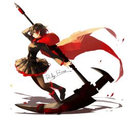 Rule 34 | 1girl, artist request, boots, cape, character name, dress, english text, full body, grey eyes, multicolored hair, pantyhose, ruby rose, rwby, scythe, short hair, simple background, skirt, solo, two-tone hair, weapon, white background