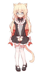 Rule 34 | 1girl, animal ears, blonde hair, cat ears, cat tail, dress, fang, fang out, frilled dress, frills, glasses, grey eyes, highres, long hair, original, shone, smile, solo, tail, thighhighs