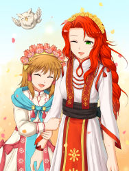 Rule 34 | 2girls, arm hug, bad id, bad pixiv id, bead necklace, beads, bird, brown hair, dress, closed eyes, feh (fire emblem heroes), fire emblem, fire emblem: path of radiance, fire emblem heroes, flower, green eyes, hair tubes, head wreath, highres, jewelry, long hair, mist (fire emblem), multiple girls, necklace, nintendo, one eye closed, open mouth, owl, pazuzu438, petals, red hair, titania (fire emblem)