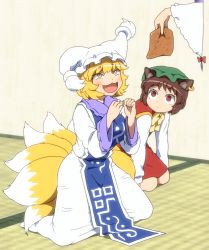 Rule 34 | 3girls, :3, animal ears, animal hat, blonde hair, blush, bow, brown hair, cat ears, chen, commentary request, dress, earrings, fangs, food, fox tail, gap (touhou), hat, holding, holding food, indoors, jewelry, kneeling, long sleeves, looking at another, meat, mob cap, multiple girls, multiple tails, open mouth, mob cap, red bow, red dress, red eyes, shirosato, short hair, slit pupils, smile, tabard, tail, tatami, touhou, white dress, wide sleeves, yakumo ran, yakumo yukari, yellow eyes