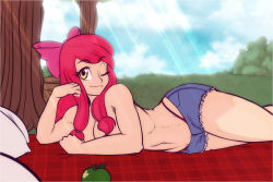 Rule 34 | 1girl, aged up, apple, apple bloom, blanket, breasts, bush, cleavage, denim, denim shorts, food, fruit, grass, highres, long hair, looking at viewer, lying, my little pony, my little pony: friendship is magic, navel, on side, one eye closed, panties, pillow, pink hair, plant, red panties, ribbon, scorpdk, shorts, smile, solo, topless, tree, underwear, wink, yellow eyes