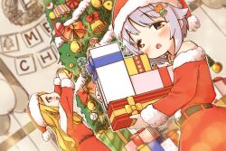 Rule 34 | 2girls, :o, arms up, bell, blonde hair, blush, bow, brown eyes, christmas, christmas ornaments, christmas tree, commentary request, dress, fur-trimmed dress, fur-trimmed sleeves, fur trim, gift, grey hair, hair flaps, hair ornament, hairclip, hat, holding, holding gift, idolmaster, idolmaster cinderella girls, indoors, koshimizu sachiko, long hair, long sleeves, mochizuki hijiri, multiple girls, off-shoulder dress, off shoulder, open mouth, profile, red bow, red dress, red eyes, red headwear, santa costume, santa hat, very long hair, yukie (kusaka shi)