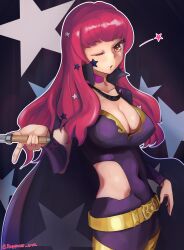 Rule 34 | 1girl, ;o, absurdres, belt, black cape, blowing kiss, bodysuit, breasts, cape, choker, cleavage, clothing cutout, facial mark, fire emblem, fire emblem engage, hair ornament, happinessova, highres, large breasts, long hair, looking at viewer, nintendo, one eye closed, open mouth, red eyes, red hair, solo, star (symbol), star facial mark, star hair ornament, yunaka (fire emblem)