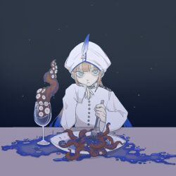 Rule 34 | 1boy, blood, blue blood, blue hair, brown hair, captain nemo (fate), closed mouth, commentary request, cup, dark background, dead animal, drinking glass, empty eyes, fate/grand order, fate (series), fork, frown, gradient hair, green eyes, hand on own chin, hat feather, head rest, high collar, holding, holding fork, light particles, long hair, long sleeves, looking at viewer, low twintails, male focus, multicolored hair, nemo (fate), octopus, plate, sanpaku, shaded face, shoulder boards, sidelocks, solo, stab, table, tentacles, tokiwa akira, twintails, white headwear, wine glass