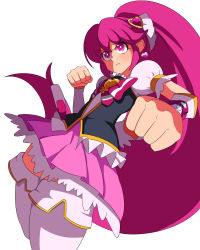 Rule 34 | 10s, 1girl, :&lt;, aino megumi, blush, bow, bright pupils, brooch, clenched hand, cowboy shot, cure lovely, earrings, fighting stance, hair ornament, happinesscharge precure!, heart, heart brooch, heart earrings, heart hair ornament, highres, jersey 68, jewelry, long hair, magical girl, pink bow, pink eyes, pink hair, pink skirt, ponytail, precure, puffy sleeves, serious, skirt, solo, thighhighs, white background, white thighhighs, wide ponytail, wrist cuffs