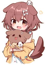 Rule 34 | 1girl, :d, animal collar, animal ears, blush, bone hair ornament, braid, brown eyes, brown hair, collar, commentary, creature, creature on head, dog ears, dog girl, dog tail, double-parted bangs, dress, dual persona, extra ears, fang, futo-inu, hair between eyes, hair ornament, hairclip, hololive, hoso-inu, inugami korone, inugami korone (1st costume), inugami korone (dog), jacket, listener (inugami korone), long hair, low twin braids, low twintails, open clothes, open jacket, open mouth, rabiiandrain, red collar, skin fang, sleeveless, sleeveless dress, smile, symbol-only commentary, tail, twin braids, twintails, virtual youtuber, white background, white dress, yellow jacket