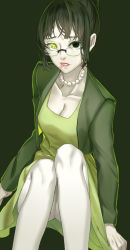Rule 34 | 10s, 1girl, alternate costume, arms at sides, bead necklace, beads, breasts, c piao jun, choroko (osomatsu-san), cleavage, cropped jacket, dress, eyelashes, formal, glowing, glowing eye, green background, green dress, green eyes, green hair, green theme, hair bun, heterochromia, jacket, jewelry, lens flare, lipstick, long sleeves, looking at viewer, makeup, matching hair/eyes, necklace, no pupils, osomatsu-san, osomatsu (series), pantyhose, pearl necklace, red lips, sash, simple background, single hair bun, sitting, solo, sparkle, upskirt, white pantyhose