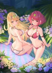 Rule 34 | 2girls, absurdres, bikini, blonde hair, breasts, butt crack, cleavage, collarbone, flower, from above, halterneck, hand on own chest, hand on own knee, highres, jewelry, ken-san, large breasts, long hair, looking at viewer, multiple girls, mythra (xenoblade), navel, necklace, pyra (xenoblade), red bikini, red eyes, red hair, short hair, side-tie bikini bottom, sitting, smile, standing, string bikini, swimsuit, tiara, white bikini, xenoblade chronicles (series), xenoblade chronicles 2, yellow eyes
