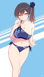Rule 34 | 1girl, bare shoulders, bikini, blew andwhite, blue bikini, blue scrunchie, breasts, brown eyes, brown hair, cleavage, collarbone, cropped legs, hair ornament, hair scrunchie, hand on own chest, highres, kaga (kancolle), kantai collection, large breasts, looking at viewer, navel, scrunchie, side ponytail, simple background, solo, stomach, swimsuit