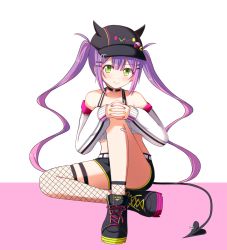 Rule 34 | 1girl, badge, bandaid, bandaid on leg, bare shoulders, baseball cap, belt, black choker, black shorts, boots, button badge, casual, choker, collarbone, commentary request, contemporary, cross-laced footwear, demon tail, detached sleeves, fishnet thighhighs, fishnets, green eyes, hat, highres, hololive, knee up, long hair, looking at viewer, mono (mono60), nail polish, piercing, pink background, pink nails, platform boots, platform footwear, purple hair, short shorts, shorts, sitting, smile, solo, tail, tail ornament, tail piercing, thighhighs, tokoyami towa, twintails, virtual youtuber, white belt, yellow nails
