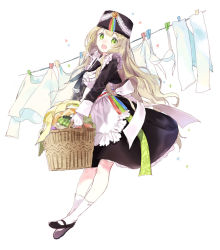 Rule 34 | 1girl, :d, apron, bad id, bad pixiv id, black footwear, blonde hair, blush, bow, bra, clothes pin, clothesline, frilled apron, frills, full body, gloves, green eyes, hair bow, hat, holding, laundry, laundry basket, long hair, long sleeves, macciatto (aciel02), mary janes, nose blush, open mouth, original, pants, shirt, shoes, smile, socks, solo, sparkle, underwear, very long hair, white background, white bow, white bra, white gloves, white pants, white shirt, white socks