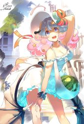 Rule 34 | 10s, 1girl, ahoge, artist name, bad id, bad pixiv id, bare shoulders, blue eyes, blue sky, breasts, building, cleavage, cloud, cloudy sky, day, dress, food, frilled dress, frills, fruit, garakuta omocha, hair ornament, hand on own knee, hat, holding, holding clothes, holding hat, koyoi mitsuki, large breasts, leaning forward, long dress, looking at viewer, low wings, moa (show by rock!!), outdoors, pink hair, railing, show by rock!!, signature, sky, smile, solo, stairs, standing, star (symbol), star hair ornament, sun hat, watermelon, white dress, wind, wind lift, wings